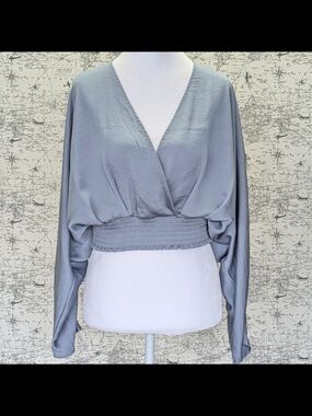 NWT Express Satin Dolman Sleeve Blouse Slate Blue Open Tie Back Cropped Top M